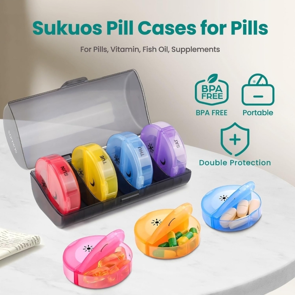 Weekly pill organizer, twice daily compartments